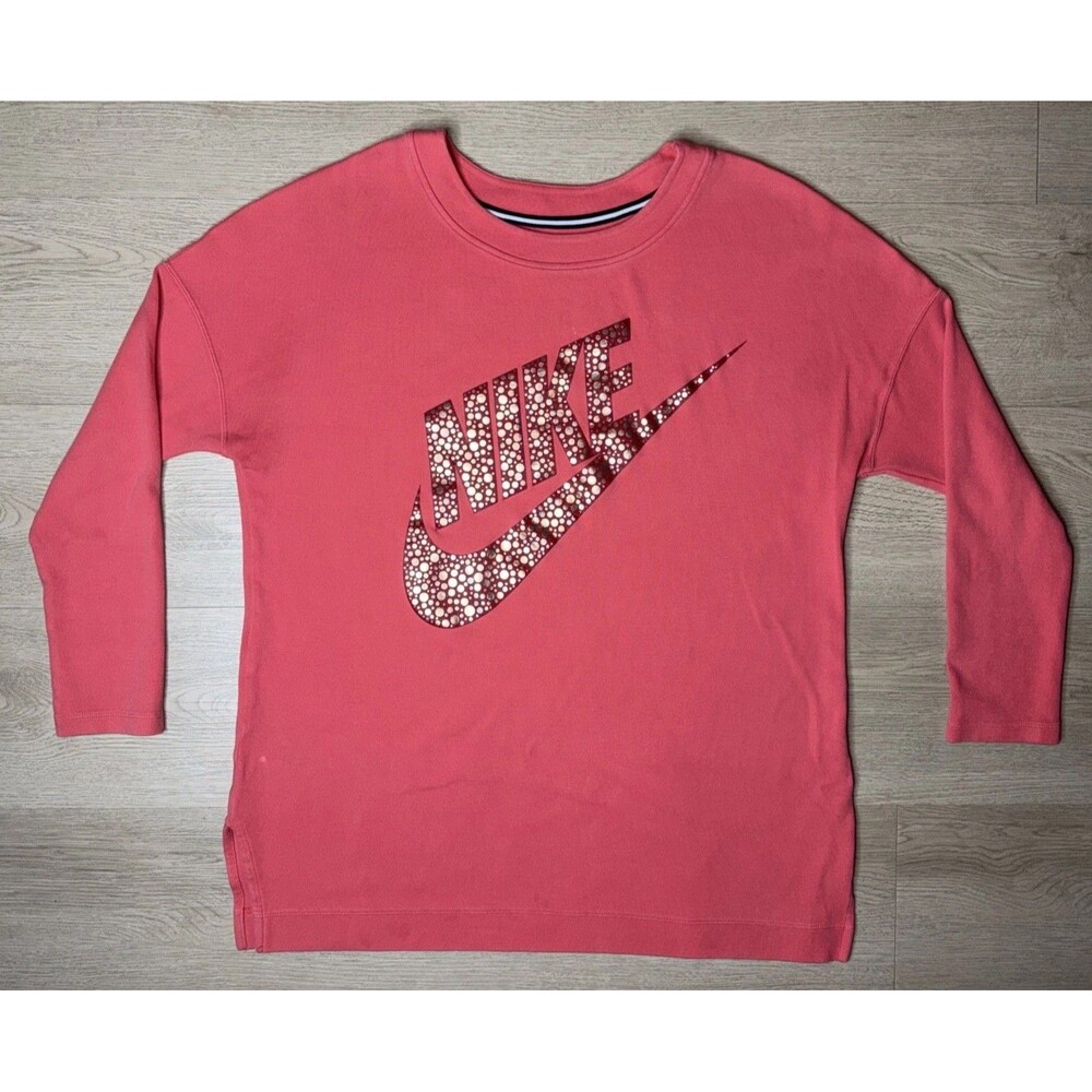Nike Womens Crewneck Sweatshirt Pink Coral Metallic Gold Logo Size Large